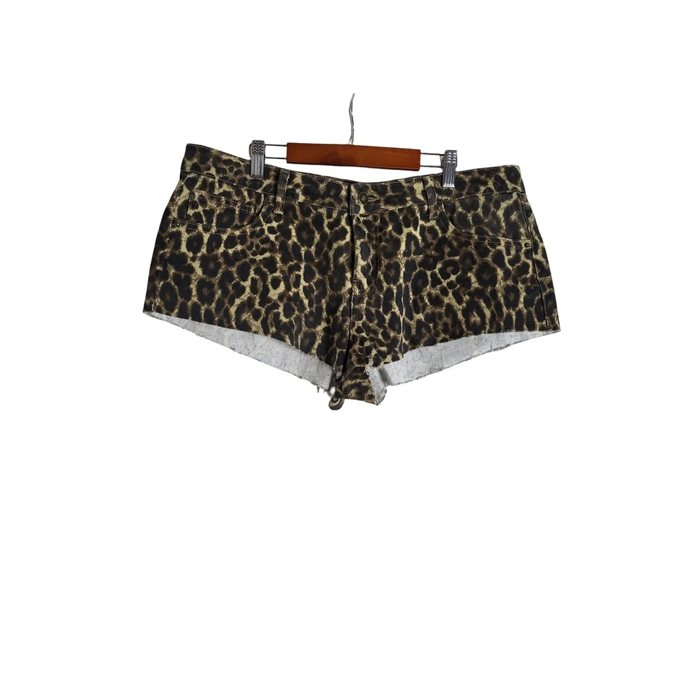 7.7 by Seven7 Leopard Print Denim Cut Off Shorts Brown Animal Print 30 Grunge